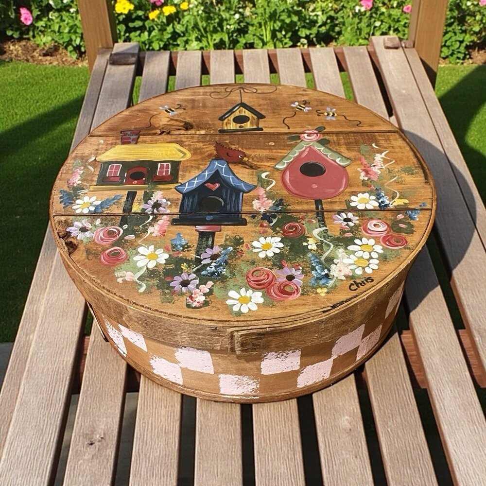 Vintage Dufeck Hand Painted Bentwood “15 Pantry Box Folk Art Birdhouse Storage